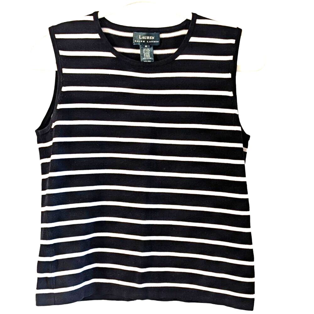 Lauren Ralph Lauren Silk Blend Striped Sleeveless Knit Top Black White M